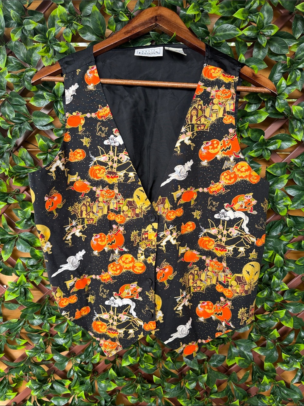 Vintage Basic Editions Black Halloween Pumpkin Print Vest